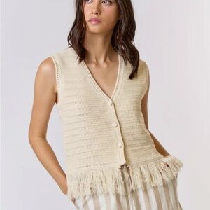 Lalavon Knit Sleeveless Crochet Top Tasseled Fringe Hem Cream Button Down: Large
